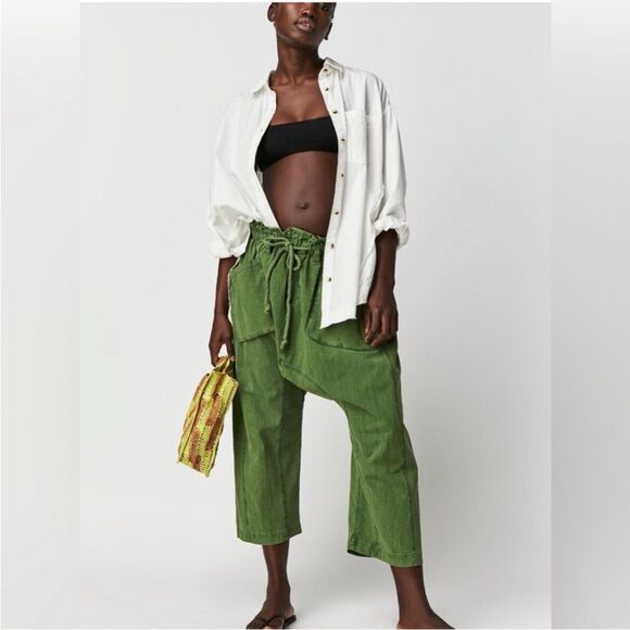 Free People Runyon Distressed Green Drawstring Cropped Pants Boho - Picture 1 of 15